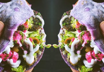 Falafel No. 5 is made with ube pita, edamame falafel, bananaganoush, green and black tahini, and ricotta