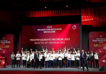 Chefs celebrate on stage during the Michelin Guide 2022 award ceremony in Moscow, Russia