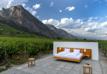 The Vineyard suite of the Null-Stern-Hotel (Zero-Star-Hotel), offering guests a choice between four open-air rooms in reaction to the world current state after the pandemic, by Swiss artists Frank and Patrik Riklin