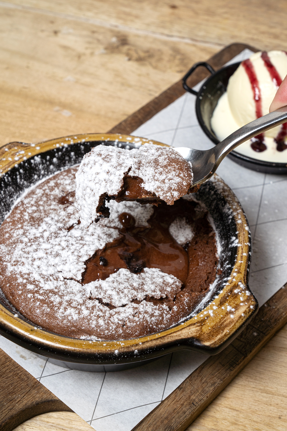 Double dark chocolate coulant and vanilla ice cream