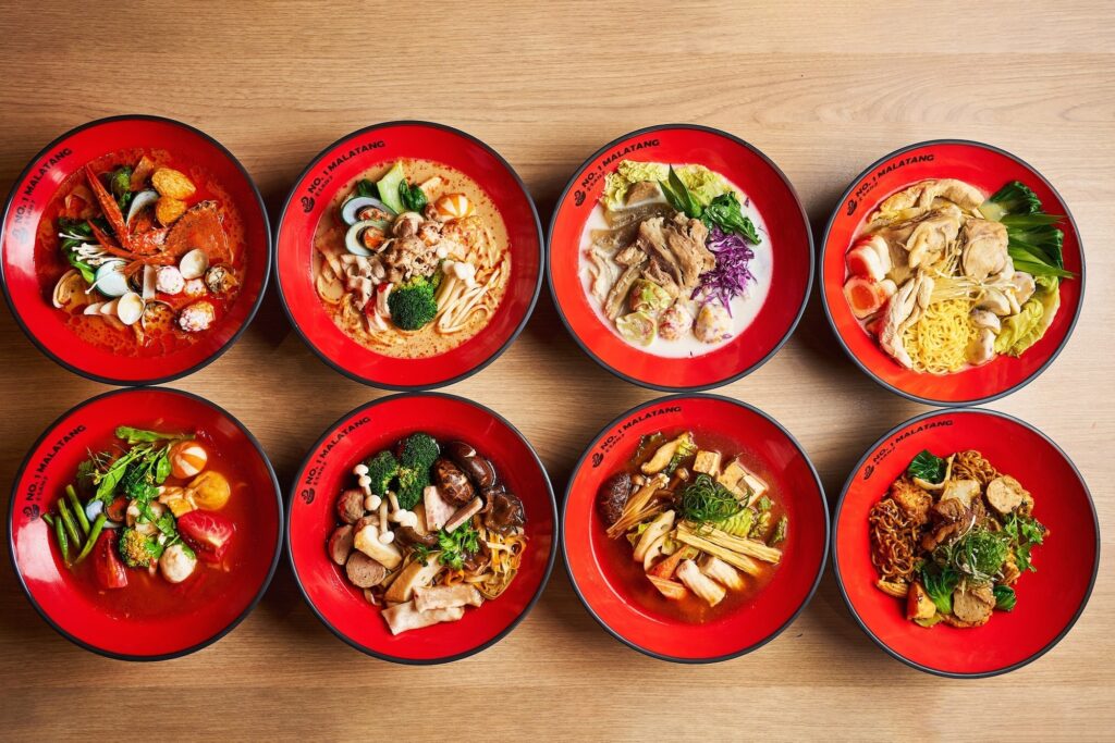 A spread of malatang bowls from No. 1 Malatang