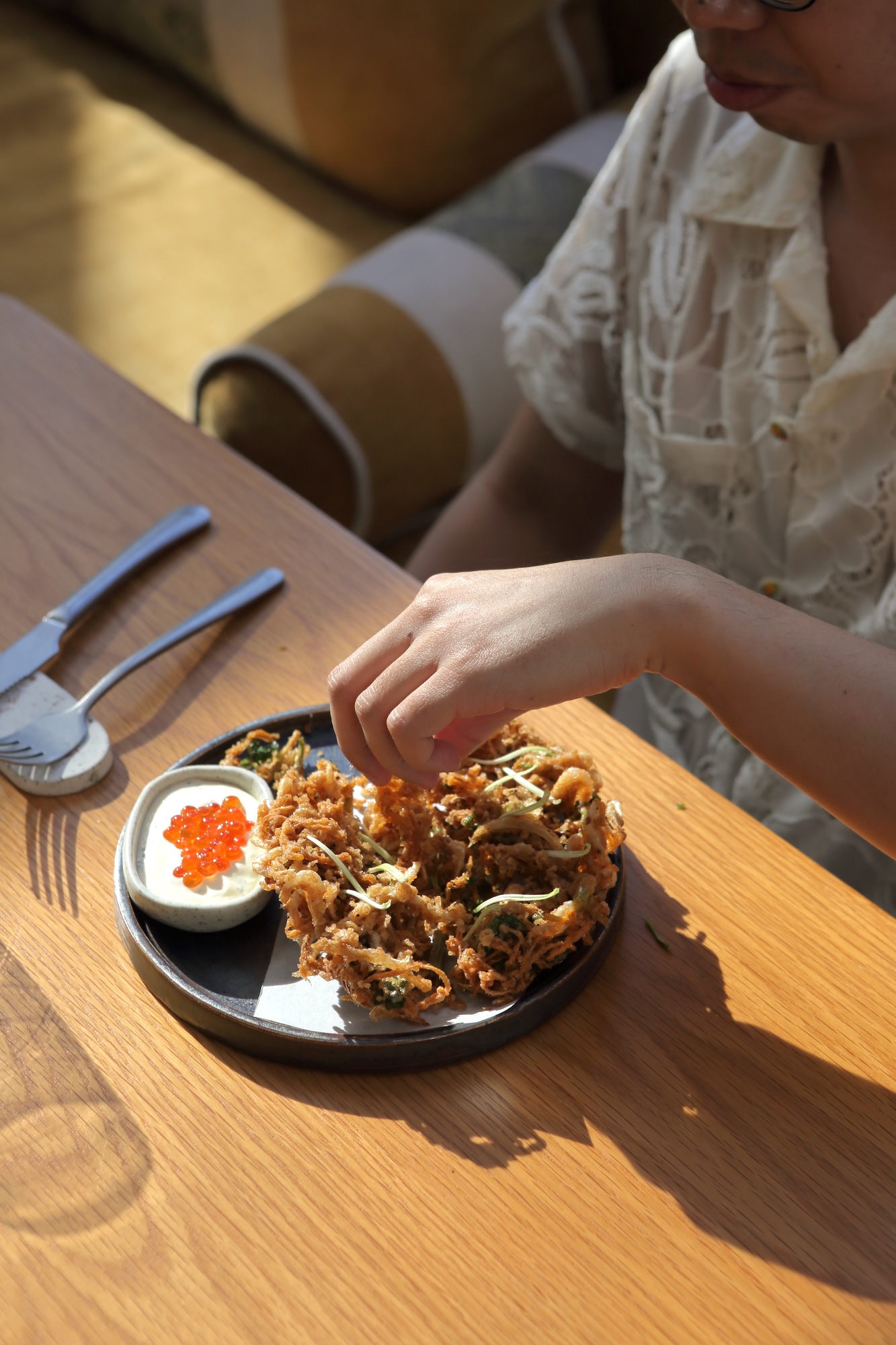 Another highlight from Ayà: Okoy and pearls (Tagunton baby shrimp and vegetable okoy fritters, pinakurat sour cream and chives, ikura)